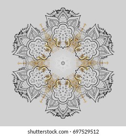 Hand-drawn, stylish doodle in tatto style, fabric design and cards in Vector illustration. Contour mandala shaped snowflakes for art therapy style zen drawing.