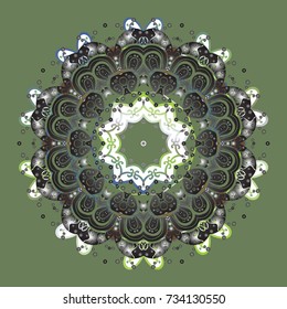 Hand-drawn, stylish doodle in tatto style, fabric design and cards in Vector illustration. Contour green, gray and white mandala shaped snowflakes for art therapy style zen drawing.