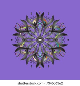 Hand-drawn, stylish doodle in tatto style, fabric design and cards in Vector illustration. Contour violet, gray and neutral mandala shaped snowflakes for art therapy style zen drawing.