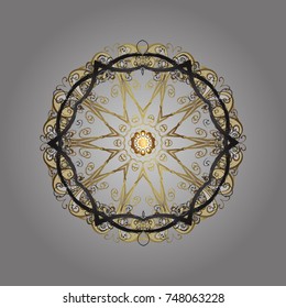 Hand-drawn, stylish doodle in tatto style, fabric design and cards in Vector illustration. Contour gray, beige and brown mandala shaped snowflakes for art therapy style zen drawing.