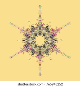 Hand-drawn, stylish doodle in tatto style, fabric design and cards in Vector illustration. Contour yellow, gray and beige mandala shaped snowflakes for art therapy style zen drawing.