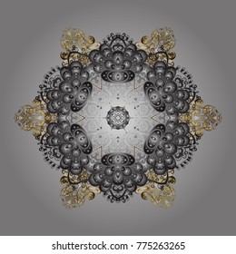 Hand-drawn, stylish doodle in tatto style, fabric design and cards in Vector illustration. Contour gray and yellow mandala shaped snowflakes for art therapy style zen drawing.