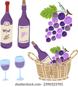 Ilustración estilizada a mano de vinos y uvas y botellas de vino en una textura de lápiz de color y cesta