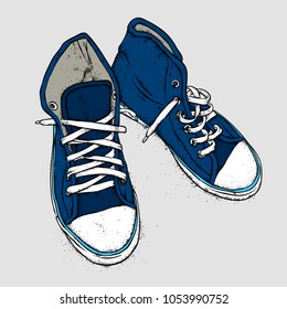 Hand-drawn stylish sneakers. Vector illustration for a postcard or a poster, print for clothes.