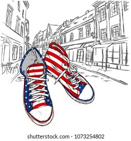 Handgezeichnete Turnschuhe. Vektorillustration-Illustration für eine Postkarte oder ein Poster, für Kleidung drucken.