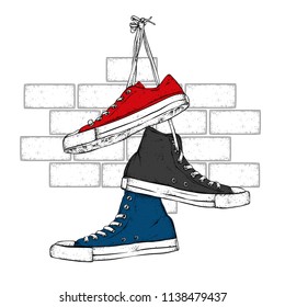 Hand-drawn stylish sneakers. Vector illustration for a postcard or a poster, print for clothes.