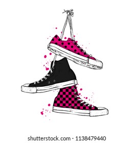 Hand-drawn stylish sneakers. Vector illustration for a postcard or a poster, print for clothes.