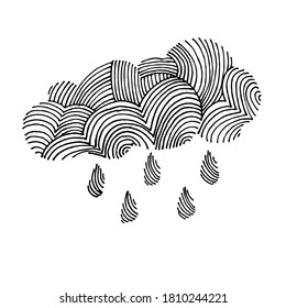 Hand-drawn stylized cloud with raindrops. Black and white image isolated on white background. Idea for a seamless pattern, children's art, fabric.