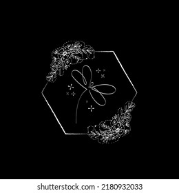 Hand-drawn stylized dragonfly with flowers. Logo. Boho style. Single line drawing. White image on black background. Dragonfly. Insect. Suitable for posters, stickers and postcards.