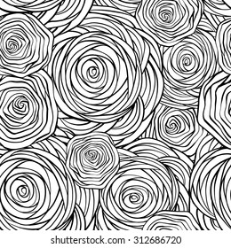 Hand-drawn stylized graphic roses black and white seamless pattern.