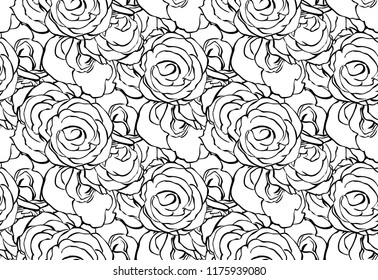 Hand-drawn stylized graphic roses vector illustration, black and white seamless pattern