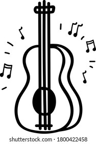 Hand-drawn stylized guitar in doodle style. Black outlines isolated on a white  background. Musical instrument and notes. The concept of playing the guitar, learning music. Vector stock illustration.