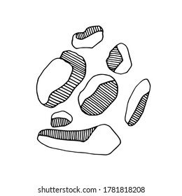 Hand-drawn stylized image of stones of different sizes. Black and white vector image isolated on white background.
