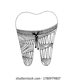 Hand-drawn stylized image of a tooth in drawstring pants. Keep your teeth warm. Graphic black and white vector image. Isolated over white background.