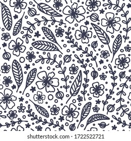 Hand-drawn stylized leaves, branches, flowers and berries isolated on white background. Doodle style backdrop. Vector seamless pattern for textile, wrapping paper, flat design.