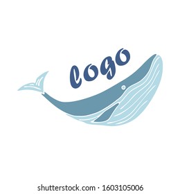 Hand-drawn stylized minimalistic cartoon blue whale or humpback whale. Vector stock illustration on a white isolated background. childish character illustration. logo and place for inscription
