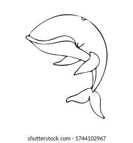 Hand-drawn stylized minimalistic cartoon sperm whale or blue whale or humpback whale. Vector stock illustration on a white isolated background. childish character illustration. logo Hand drawn doodles