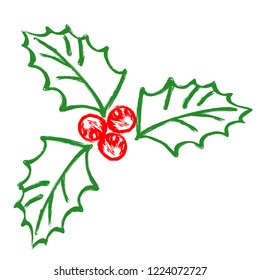 Hand-drawn stylized mistletoe plant outlines, with green leaves and red berries. Vector element for traditional Christmas decorations.