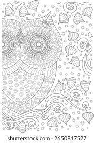 Coruja estilizada desenhada à mão com padrões elaborados e elementos celestiais. Ilustração em preto e branco ideal para colorir o zen.
