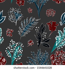 Hand-drawn stylized pattern, peony flowers and branches with leaves. Beautiful elegant botanical pattern. Flora, vector.