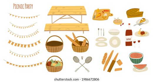 Hand-drawn stylized vector illustration of picnic party essentials – basket, picnic table, snacks, wine, beer, lemonade, fruits, cheese, pie, watermelon, and party garlands. Cartoon abstract doodle st