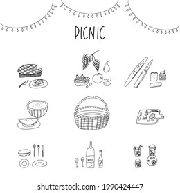 Hand-drawn stylized vector illustration of picnic party essentials basket, picnic table, snacks, wine, beer, lemonade, fruits, cheese, pie, watermelon, and party garlands. Cartoon abstract doodle set