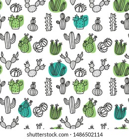 Hand-drawn succulents and cactus doodle pattern. Outlined blackon white illustration with green spots. Seamless pattern with succulents . Vector print with cacti in minimalistic scandinavian style