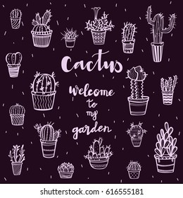 Hand-drawn succulents and cactus doodle pattern with calligraphy text