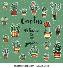 Hand-drawn succulents and cactus doodle pattern with calligraphy text