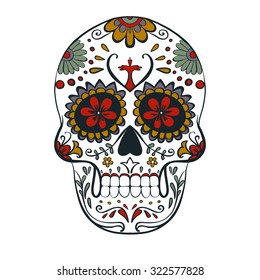 hand-drawn sugar skull, day of the death, the flowers on the skull, vector illustration