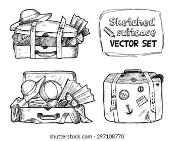 Hand-drawn suitcase sketches vector set