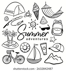 Hand-drawn summer adventure doodle set with camping tent, ice cream, hammock, sun, beach, bike, boat, backpack, and other travel elements in black and white line art style
