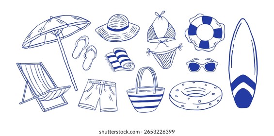 Hand-drawn summer beach accessories and activity vector illustration. Doodle icons of surfboards, chairs, umbrellas, bikinis, swimwear, sun hats, inflatables, and lifebuoys. Vacation set.
