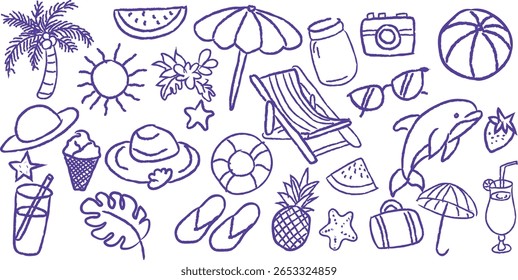 Hand-drawn summer beach doodle banner with tropical elements including palm tree, sun, flip flops, hat, dolphin, umbrella, camera, drink, ice cream, sunglasses, suitcase. Ideal for vacation, travel.