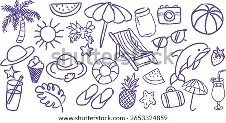 Hand-drawn summer beach doodle banner with tropical elements including palm tree, sun, flip flops, hat, dolphin, umbrella, camera, drink, ice cream, sunglasses, suitcase. Ideal for vacation, travel.