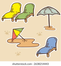 Hand-drawn summer beach doodle set with surfboard, palm tree, umbrella, sunglasses, coconut, watermelon, beach chair, and kite. Fun and colorful vacation elements.