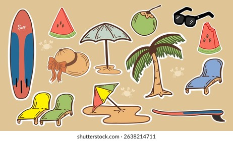 Hand-drawn summer beach doodle set with surfboard, palm tree, umbrella, sunglasses, coconut, watermelon, beach chair, and kite. Fun and colorful vacation elements.