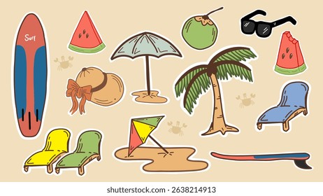 Hand-drawn summer beach doodle set with surfboard, palm tree, umbrella, sunglasses, coconut, watermelon, beach chair, and kite. Fun and colorful vacation elements.