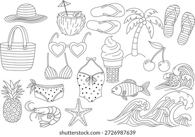 Conjunto de garabatos de playa de verano dibujado a mano palmeras, chanclas, piña, bebidas de coco, estrellas de mar, olas y trajes de baño que crean un ambiente de vacaciones tropicales divertido