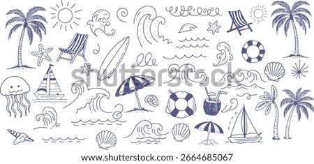 Hand-Drawn Summer Beach Doodle Vector Set – Tropical Sea, Surfboards, Palm Trees, Waves, and Sun Illustrations for T-Shirts, Posters, Stickers and Coastal Prints