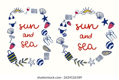 Hand-Drawn Summer Beach Frame with Seashells and Sun Elements