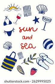 Hand-Drawn Summer Beach Illustration with Sun and Sea Elements. Hand drawn design elements. Seaside collection for invitations, posters, greeting cards