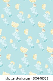 handdrawn summer cocktail drink with ice cubes and lemon seamless vector background