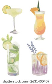 Coquetéis de Verão desenhados à mão - Conjunto de Bebidas Tropicais