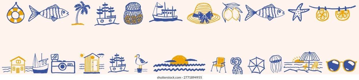 Hand-drawn summer doodle banner. Horizontal border nautical marine frame with boat, fish, beach hut, lemons, sun  and camera. Travel illustrations with empty space 