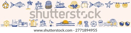 Hand-drawn summer doodle banner. Horizontal border nautical marine frame with boat, fish, beach hut, lemons, sun  and camera. Travel illustrations with empty space 