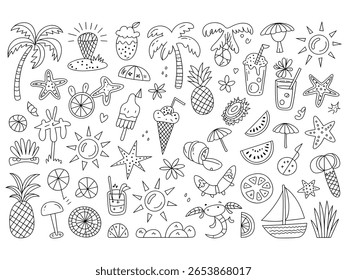 "Hand-Drawn Summer Doodle Icons ,Tropical Beach Elements Coloring Page"	