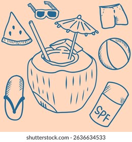 Hand-drawn summer doodle vector with fresh coconut drink, beach ball, sunglasses, and holiday essentials. Fun and minimal illustration for vacation, tropical, and holiday themes