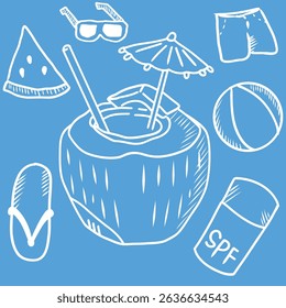 Hand-drawn summer doodle vector with fresh coconut drink, beach ball, sunglasses, and holiday essentials. Fun and minimal illustration for vacation, tropical, and holiday themes