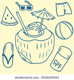 Hand-drawn summer doodle vector with fresh coconut drink, beach ball, sunglasses, and holiday essentials. Fun and minimal illustration for vacation, tropical, and holiday themes